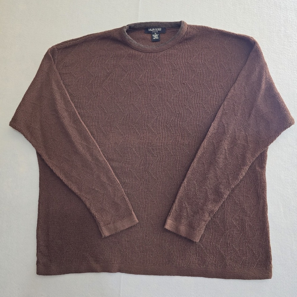 Murano Italia Sweater Mens XL Brown Textured Diamond Knit Wool Blend Crew Neck